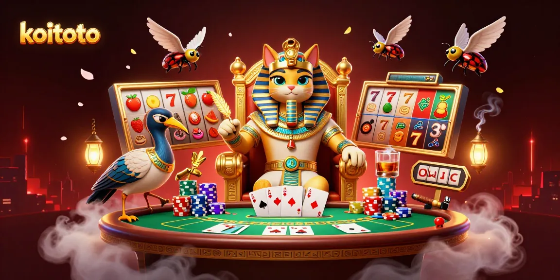 Koitoto engages players with a vibrant 3D scene of Egyptian-themed slots and poker dynamics.