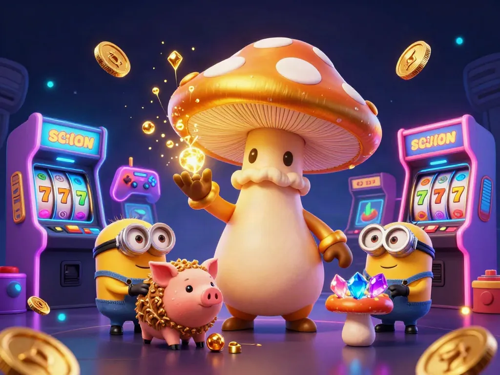 Experience vibrant gameplay with slot reels and golden casino elements in this 3D fantasy illustration.