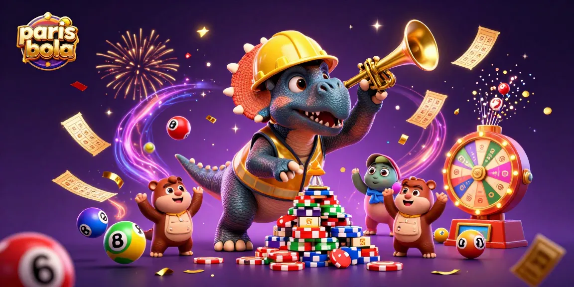 Join the excitement of parisbola with cheerful dinosaurs celebrating big wins in a vibrant casino atmosphere.