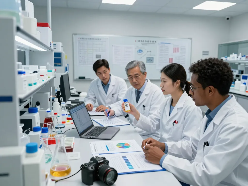 Team of researchers discussing MB66 film in a clinical lab setting.