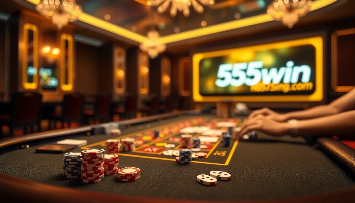 Experience thrilling gameplay at 555win casino table with vibrant poker chips and cards.
