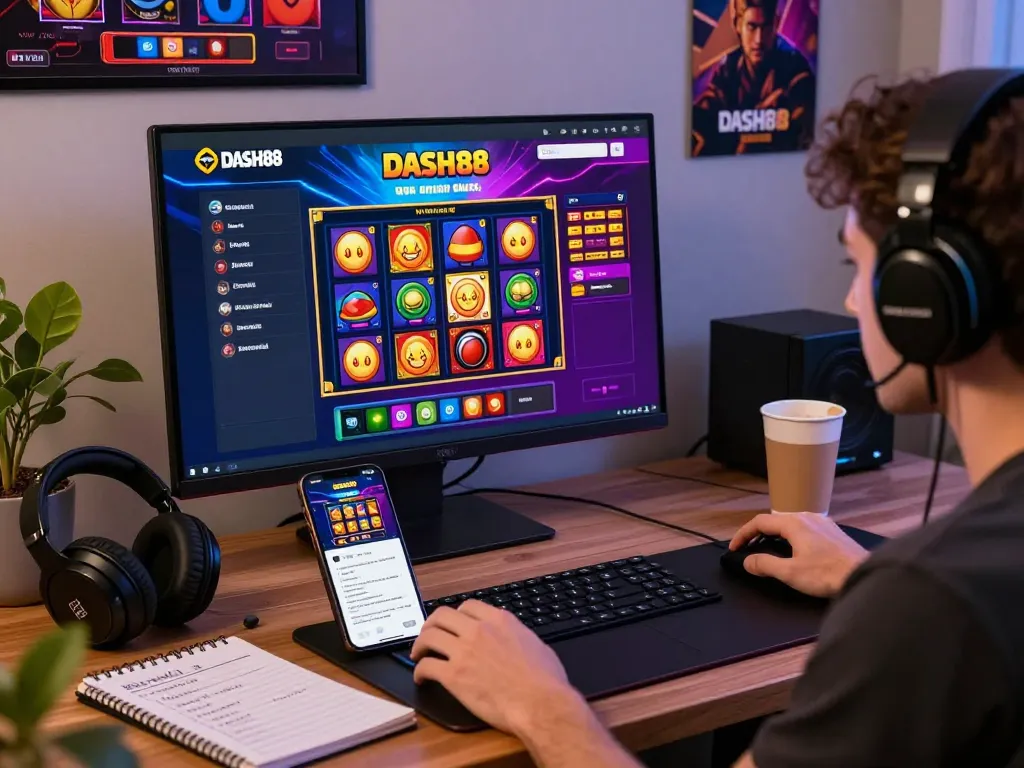 Dash88 interactive gaming environment showcasing vibrant slot game graphics on desktop and mobile devices.