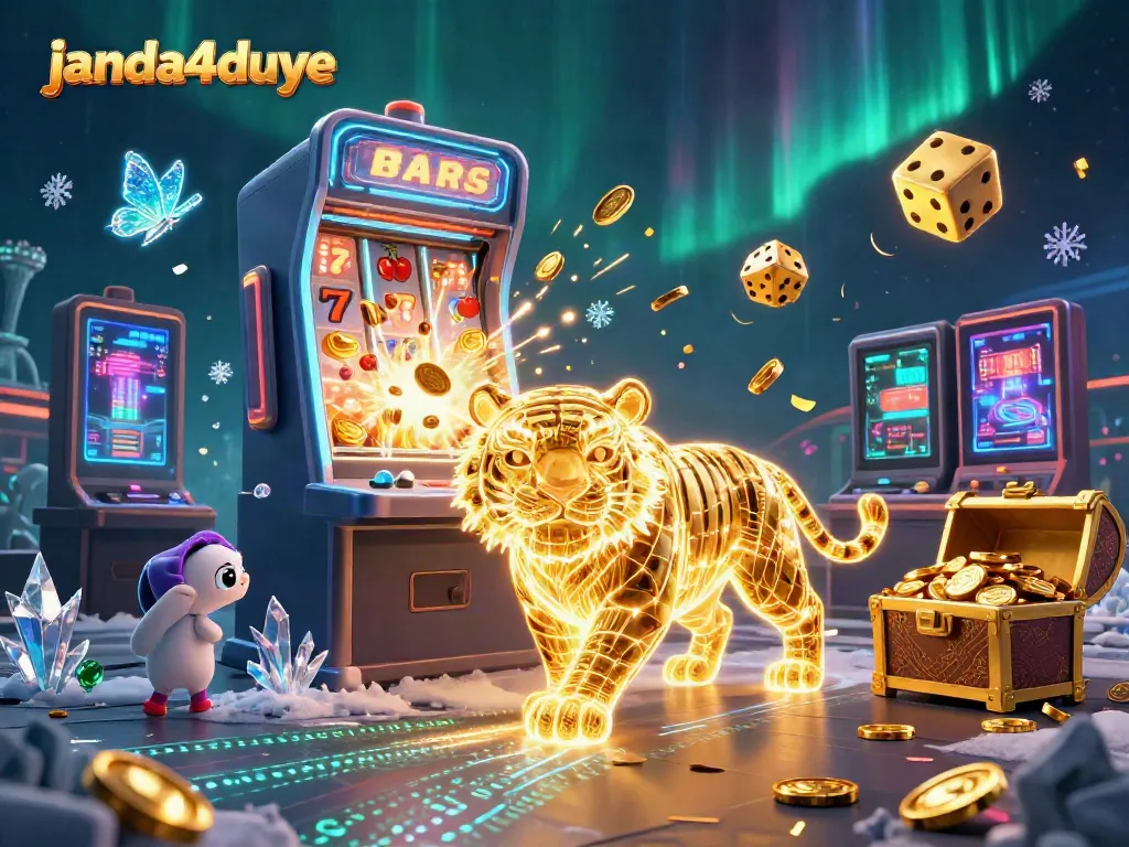 Permainan kasino Janda4duye dengan harimau neon dan slot jackpot cerah.