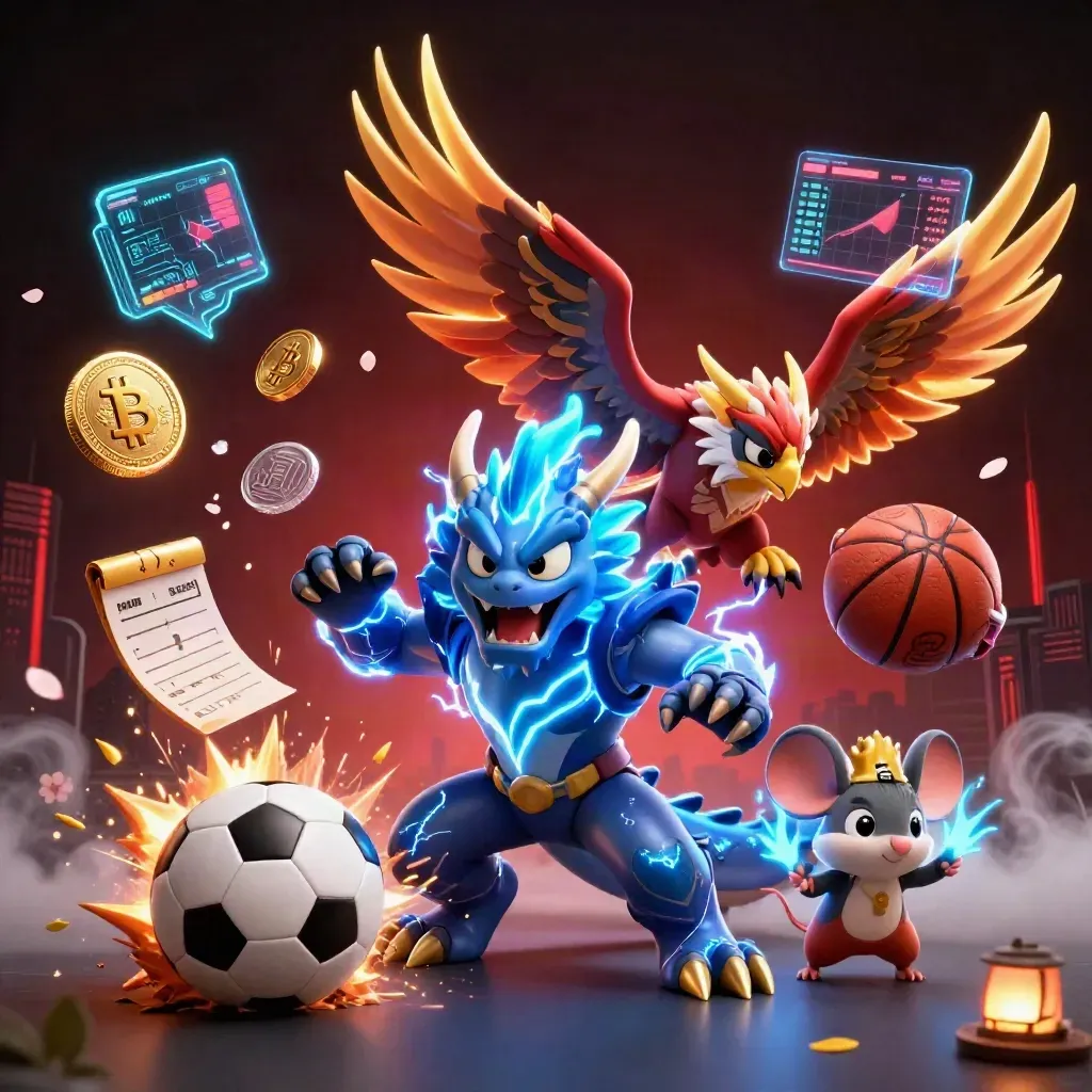 Thunder dragon, hawk and static mouse amid coins, petals, lightning and neon casino energy.
