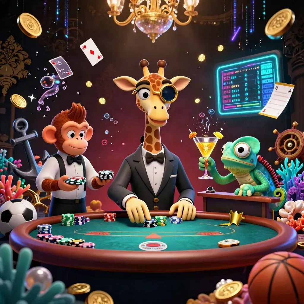 Giraffe, monkey, and chameleon at a gold-lit poker table amid coins, coral, and neon casino energy.
