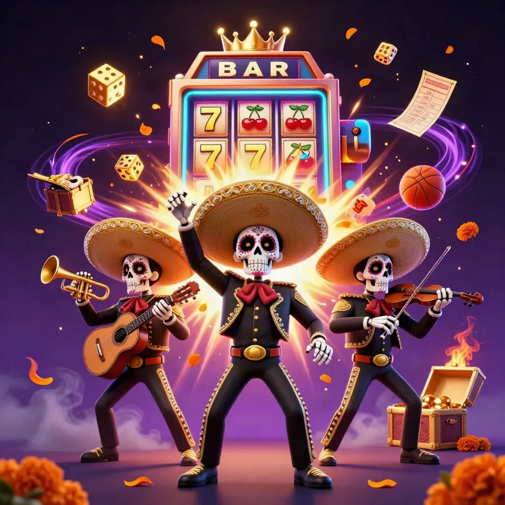 Skeleton mariachi trio amid exploding slot symbols, gold, and neon casino magic.