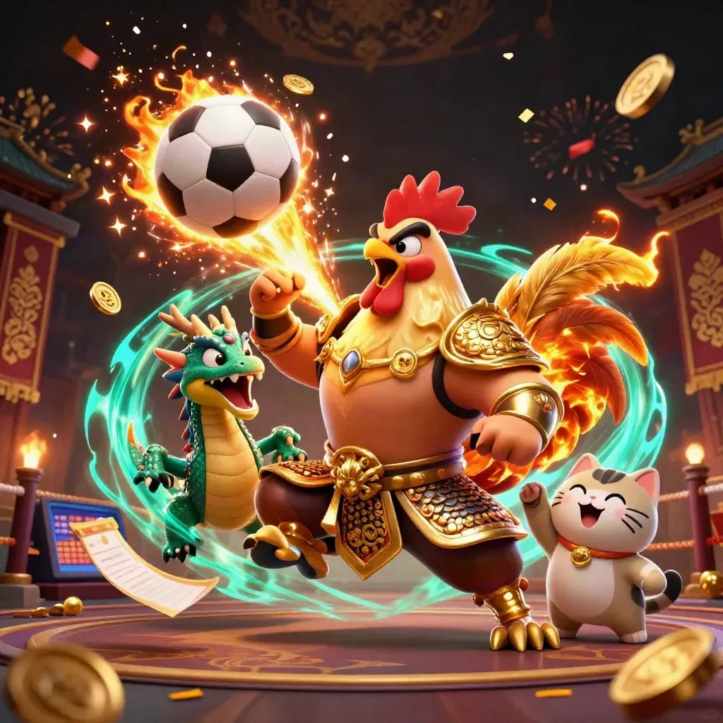 Rooster warrior, dragon hatchling, and fortune-cat amid casino-sport explosions and gold sparks.