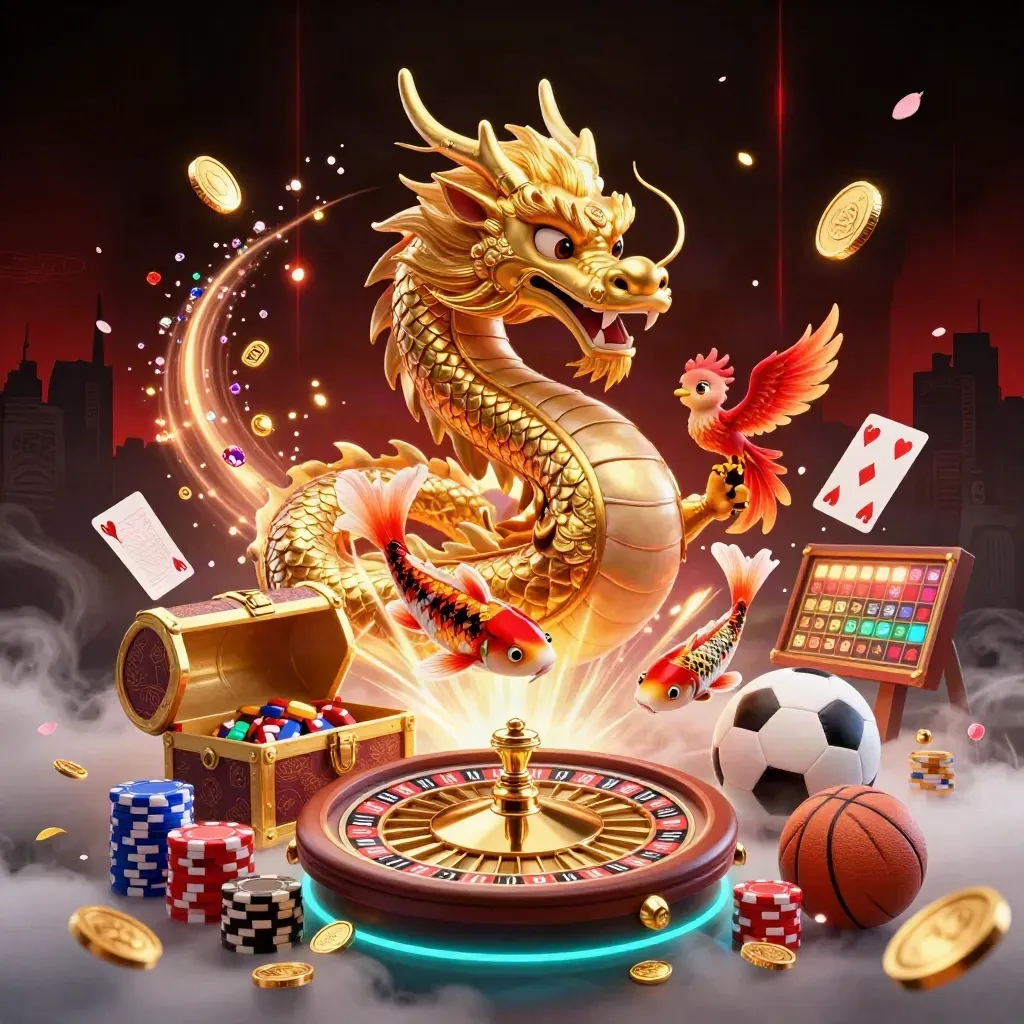 Golden dragon, phoenix, koi and casino props burst in a luxe black-and-gold esports scene.