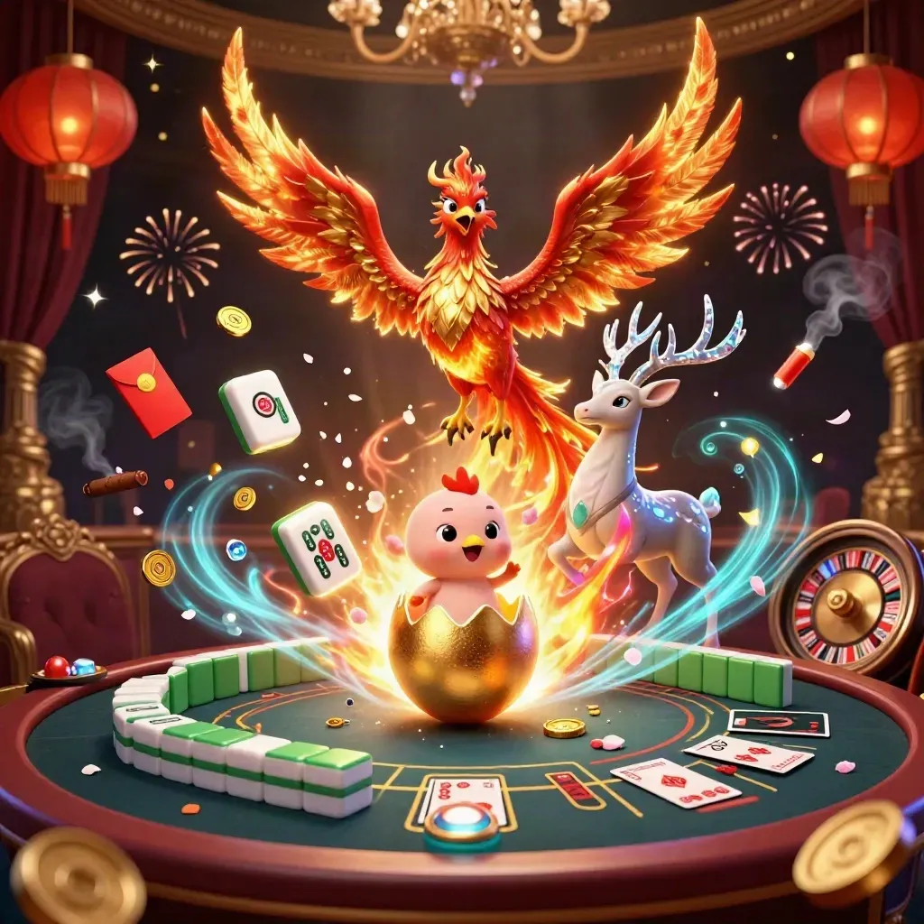 Fire phoenix, baby phoenix, and crystal stag in a luxe casino room with gold and cyan glow.