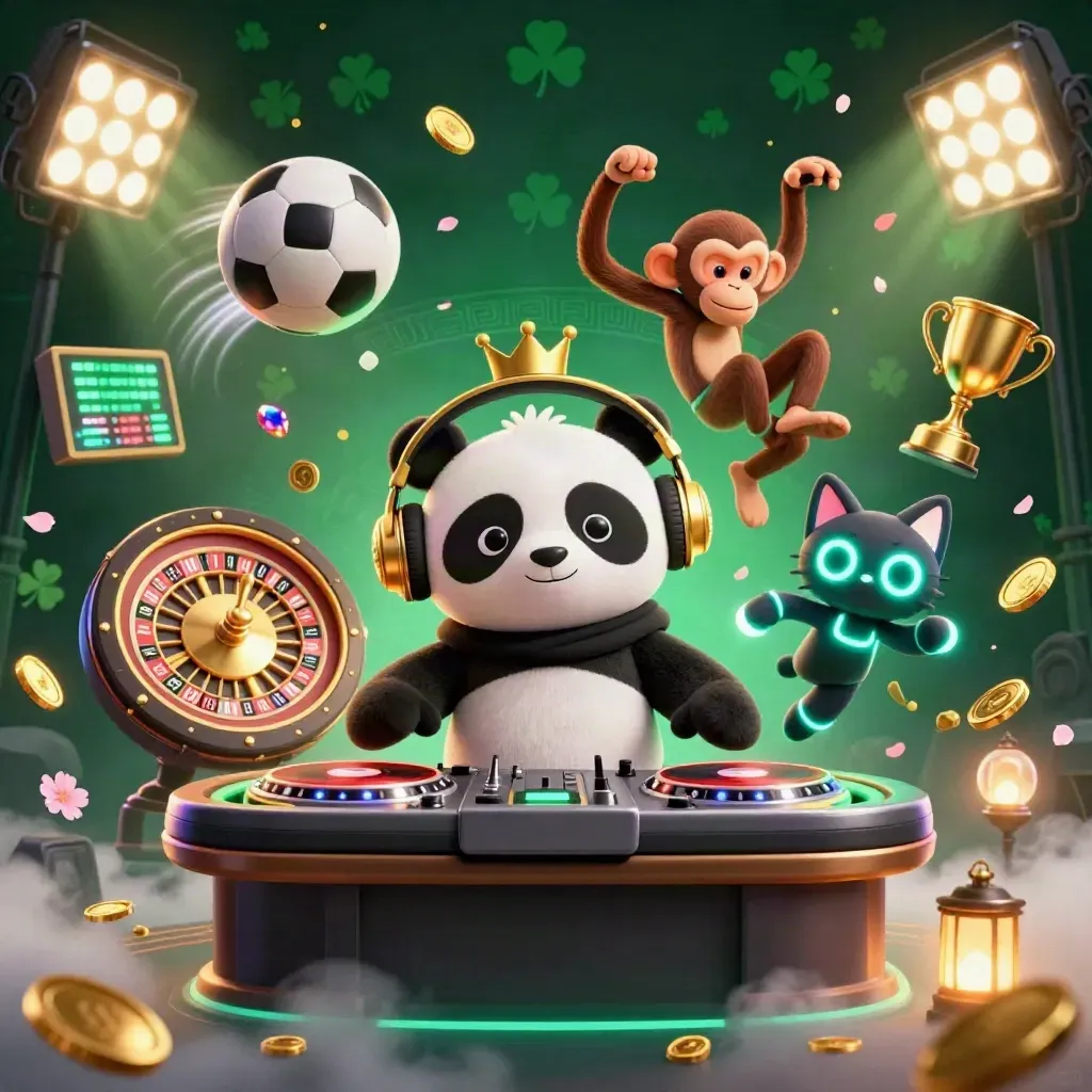 DJ panda, monkey, and glow kitten in a luxe casino scene with floating sports balls and gold light.