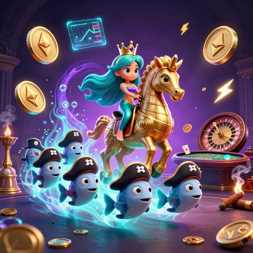 Turquoise mermaid princess on golden seahorse amid neon casino magic and underwater glow.
