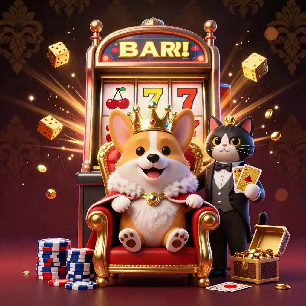Royal corgi and cat butler amid exploding jackpot slot machine, gold chips, dice, and treasure