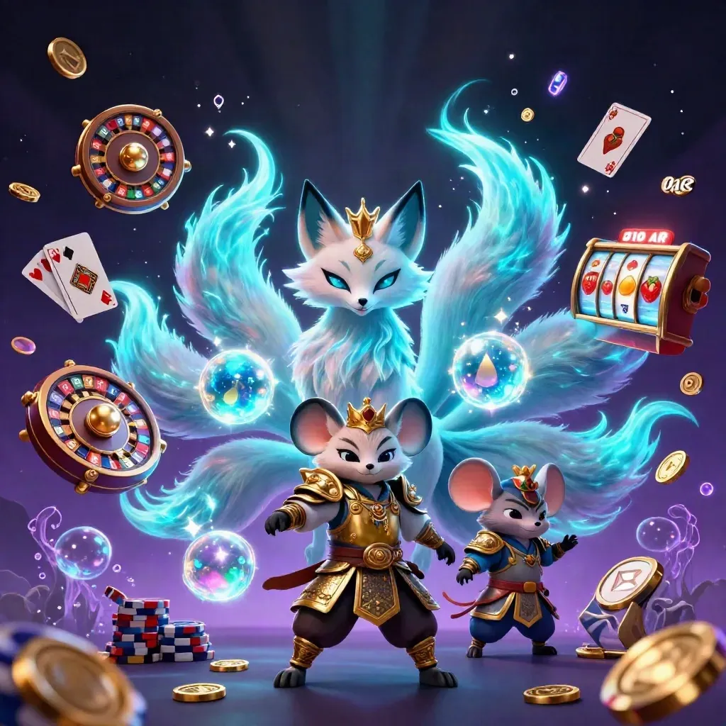 Cyan fox spirit and armored mouse amid coins, gems, reels, cards and chips in a dark neon casino burst.