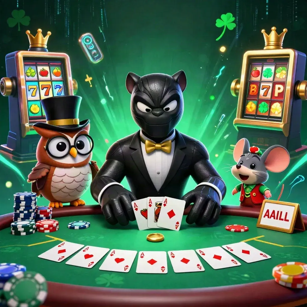 Panther, owl, and mouse deal cards amid chips, aces, neon cyan effects, and casino glow.