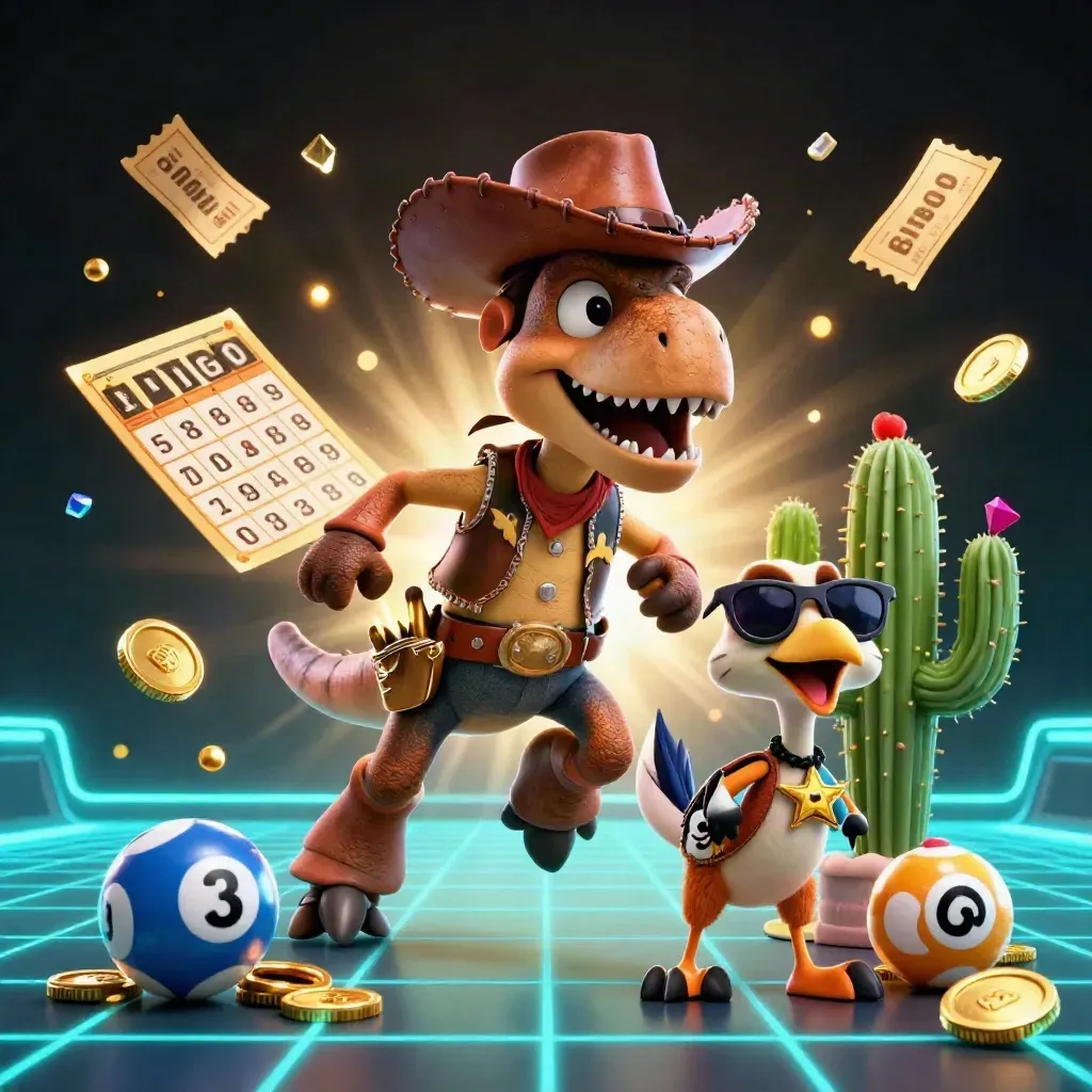 Cowboy T-Rex, cactus sidekick, and roadrunner burst through casino props on cyan-lit black.