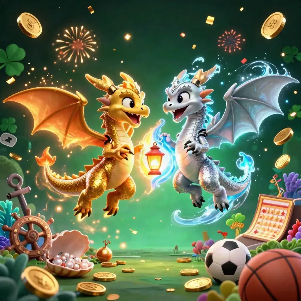 Twin gold and silver dragons swirl around a lantern spirit amid coins, coral, cards, and fireworks.