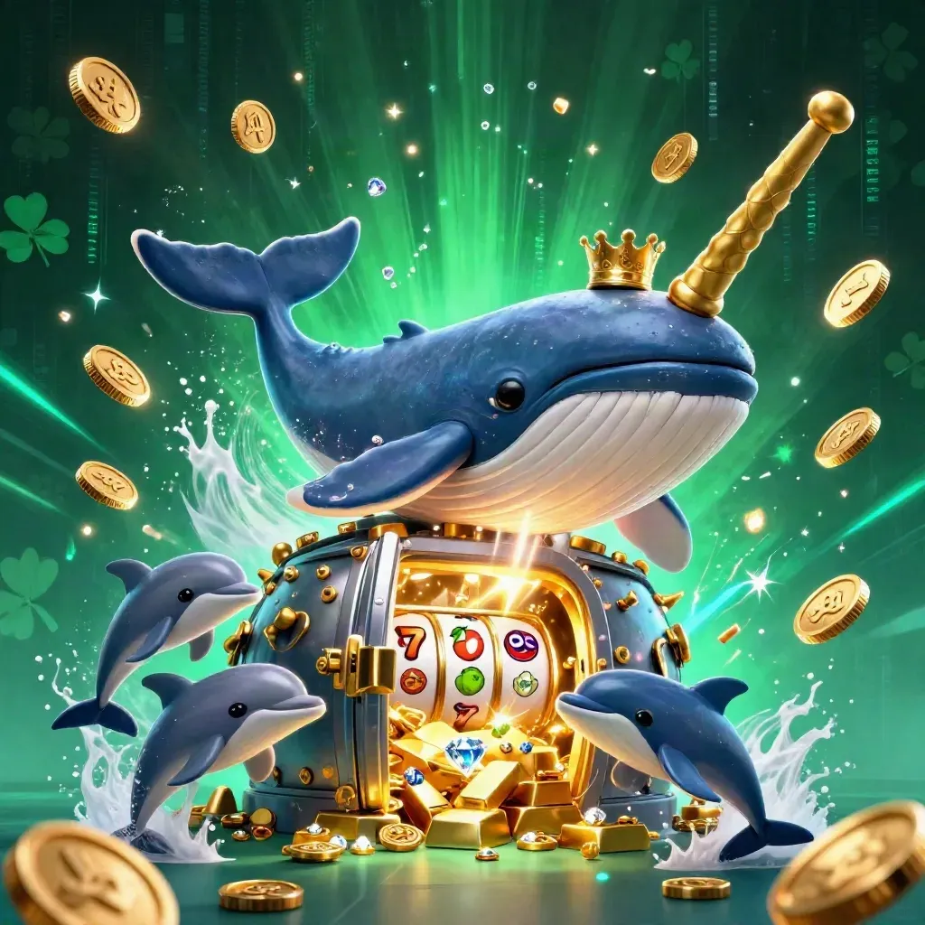 Whale captain, narwhal, and dolphins burst through coins around a glowing treasure vault.