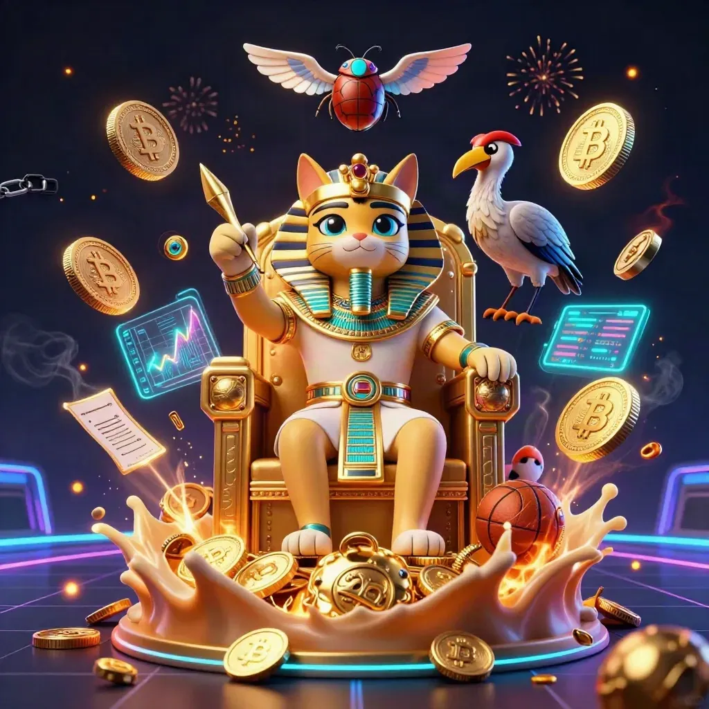Pharaoh cat throne splash with coins, crypto, scarabs, lightning, and casino rewards