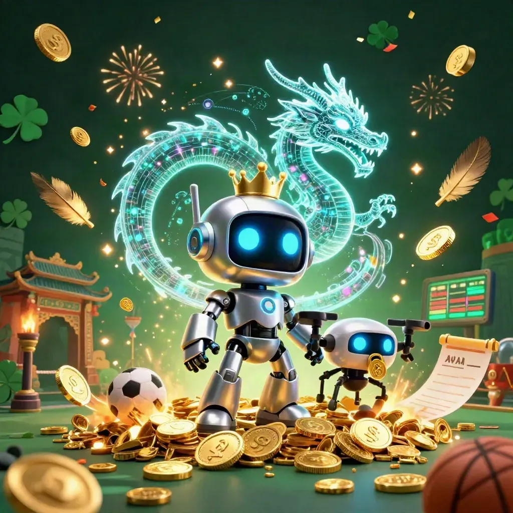 Robot, dragon, and coin drone amid treasure burst, temple gate, scoreboard, coins, and fireworks
