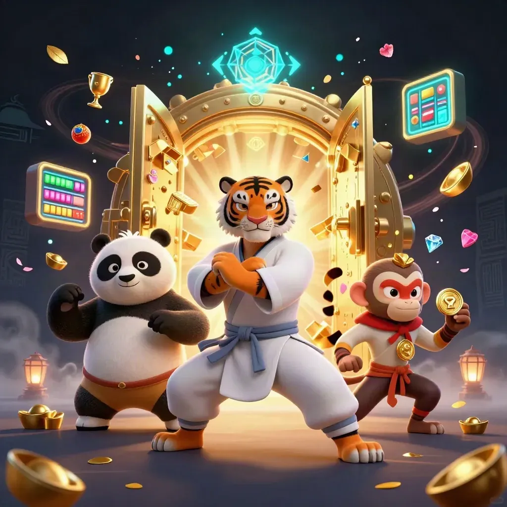 Tiger master, panda disciple, and monkey student amid casino loot and a bursting golden vault.
