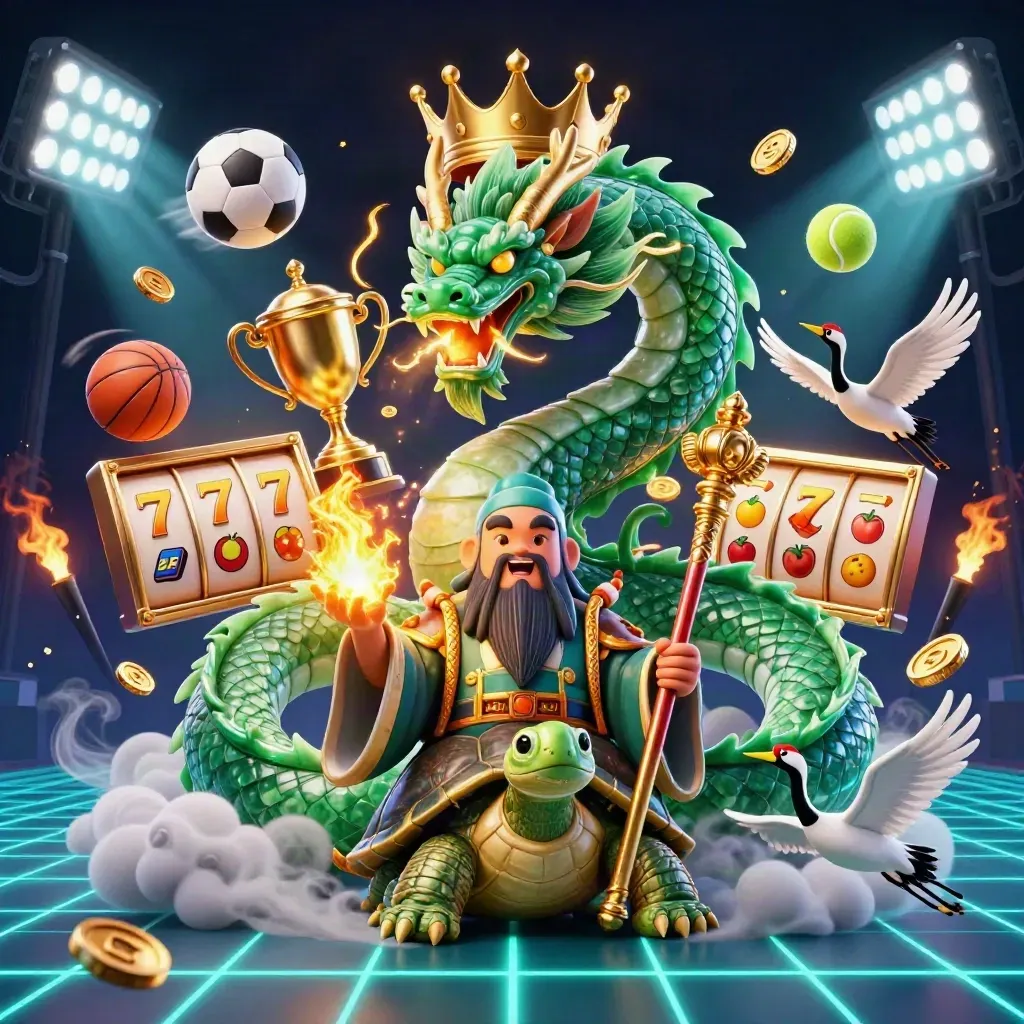 Jade dragon, turtle sage, and cranes amid casino game elements on a dark neon stage