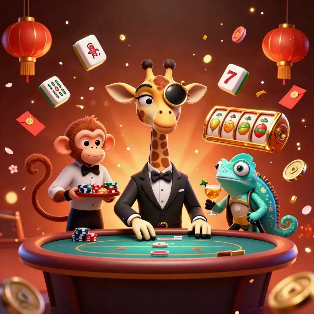 High-roller giraffe, monkey valet, and chameleon bartender amid casino symbols and glowing gold light.