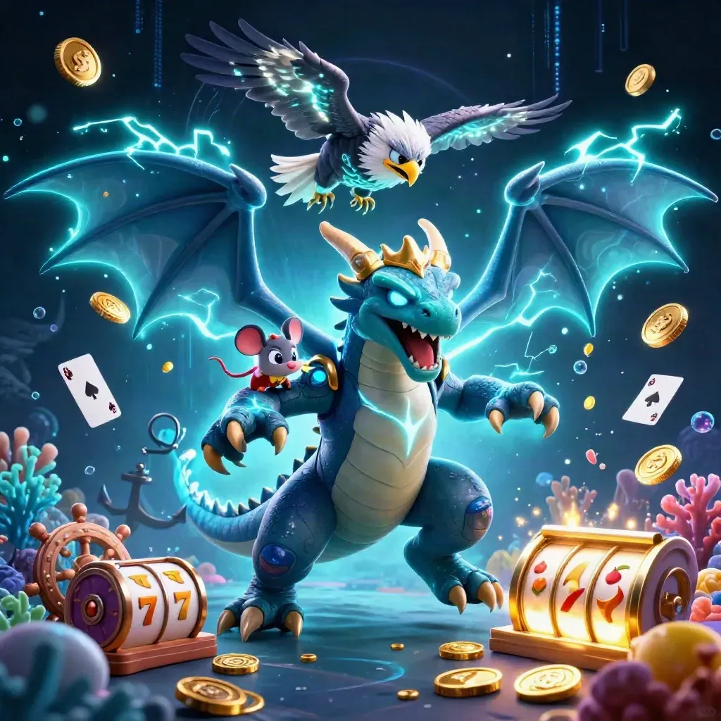 Thunder dragon, hawk, and mouse amid treasure, slot reels, and electric blue magic.