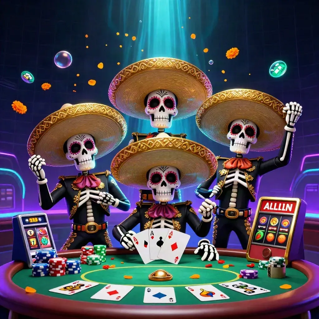 Skeleton mariachi trio plays amid poker chips and slot reels in neon casino key art.