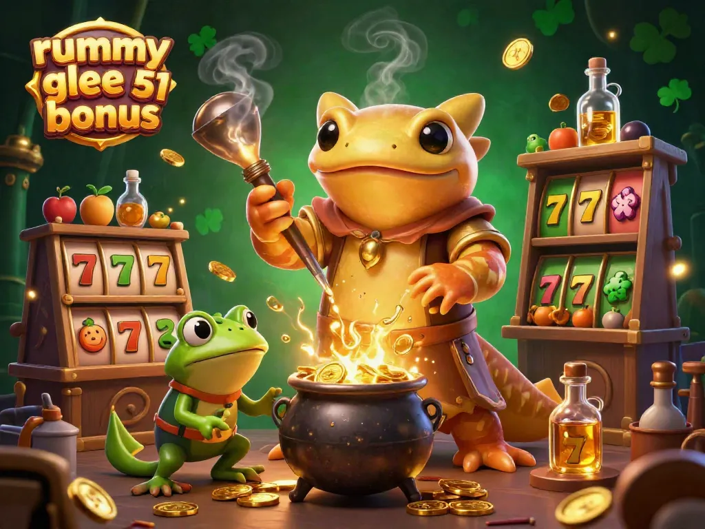 Menangkan bonus Rummy Glee 51 dengan alkemis emas dan karakter unik dalam ilustrasi 3D mendetail.
