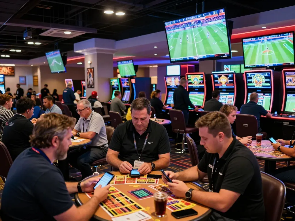 Excited bettors engaging with Parlay Skor88 for live sports betting in a vibrant casino environment