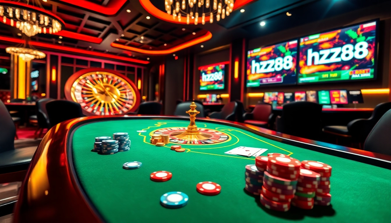 Experience the excitement of gambling at hz88 with a vibrant casino scene featuring poker and roulette.