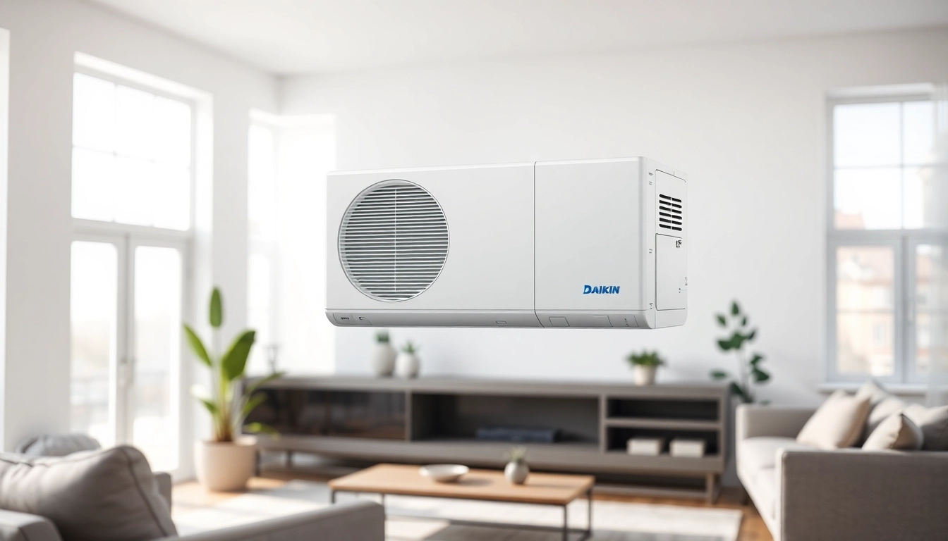 Showcase of Daikin mini split AC unit in a modern living room, emphasizing sleek design and energy efficiency.