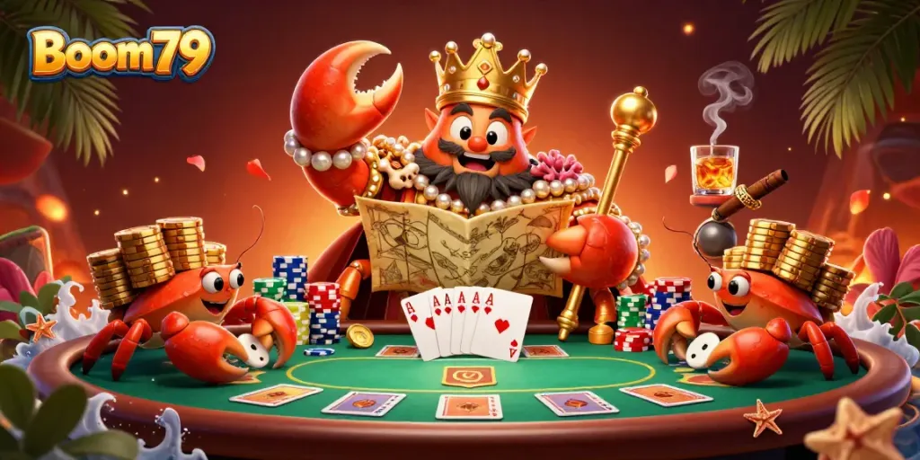 Experience thrilling gameplay with Boom79, featuring a golden crab emperor amidst vibrant poker elements.