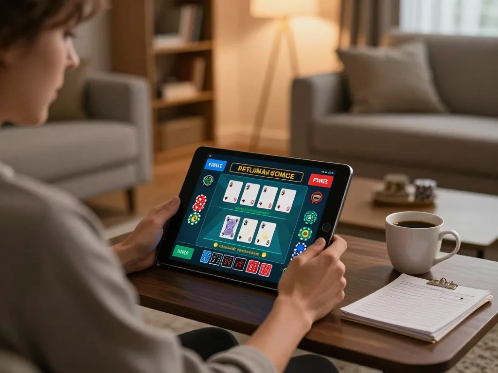 LUCKYWIN user engaging with live casino game on tablet in cozy home setting