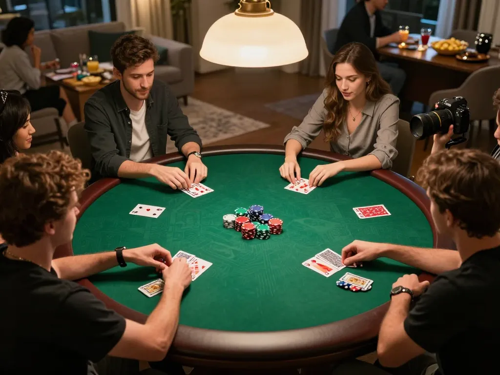 Engaging home poker night with friends, featuring strategic betting at the table, showcasing kathleenmartincoaching.