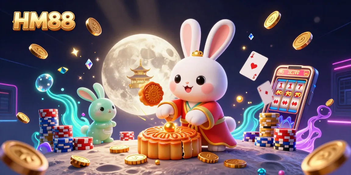 Experience winning strategies at HM88, where a moon rabbit and jade companion showcase vibrant casino gaming elements.