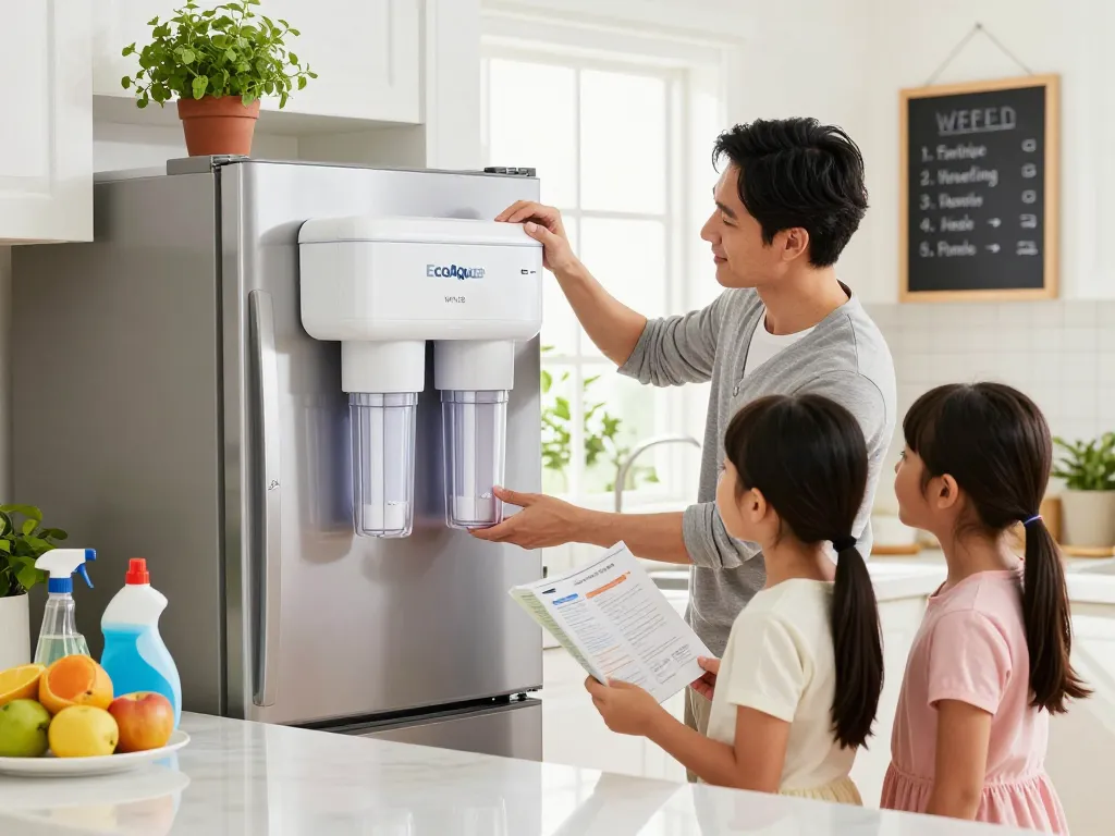 Family installing EcoAqua WF1CB Refrigerator water Filter in a bright kitchen, promoting family bonding and home care.