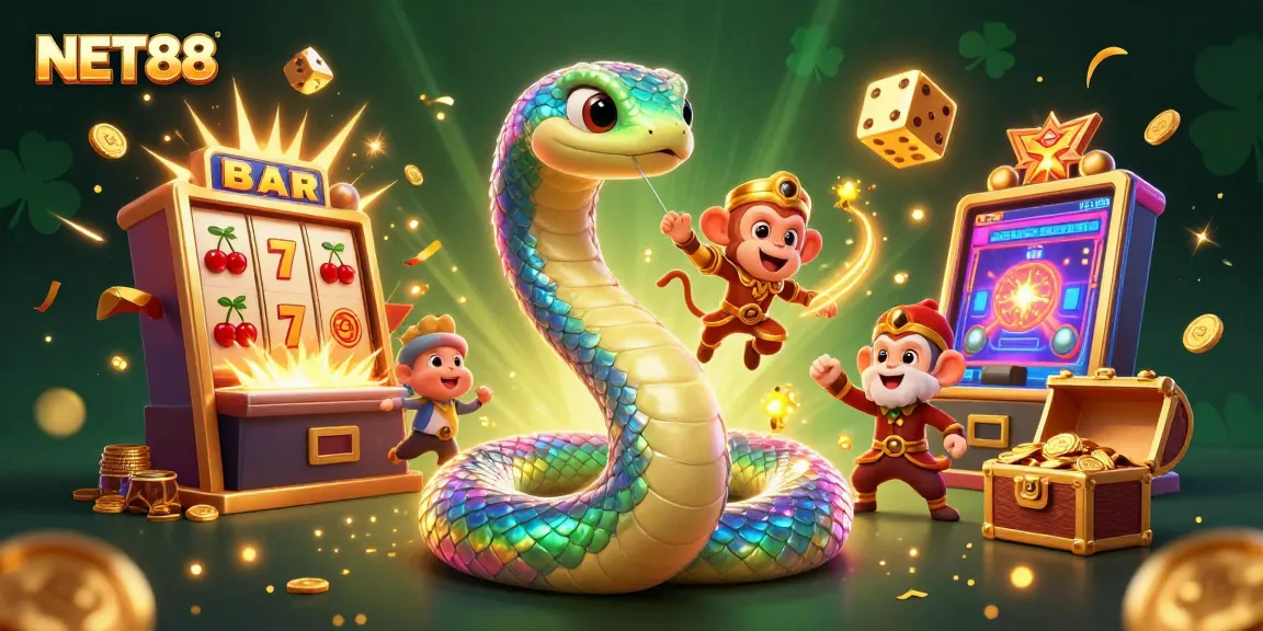 Experience jackpot excitement with NET88's dynamic casino scene featuring vibrant characters and game elements.