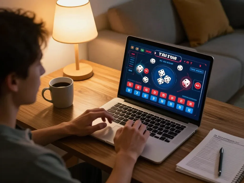 Tài xỉu online gaming session with a player engaged on laptop showcasing the dice and betting options, highlighting the excitement of online gambling