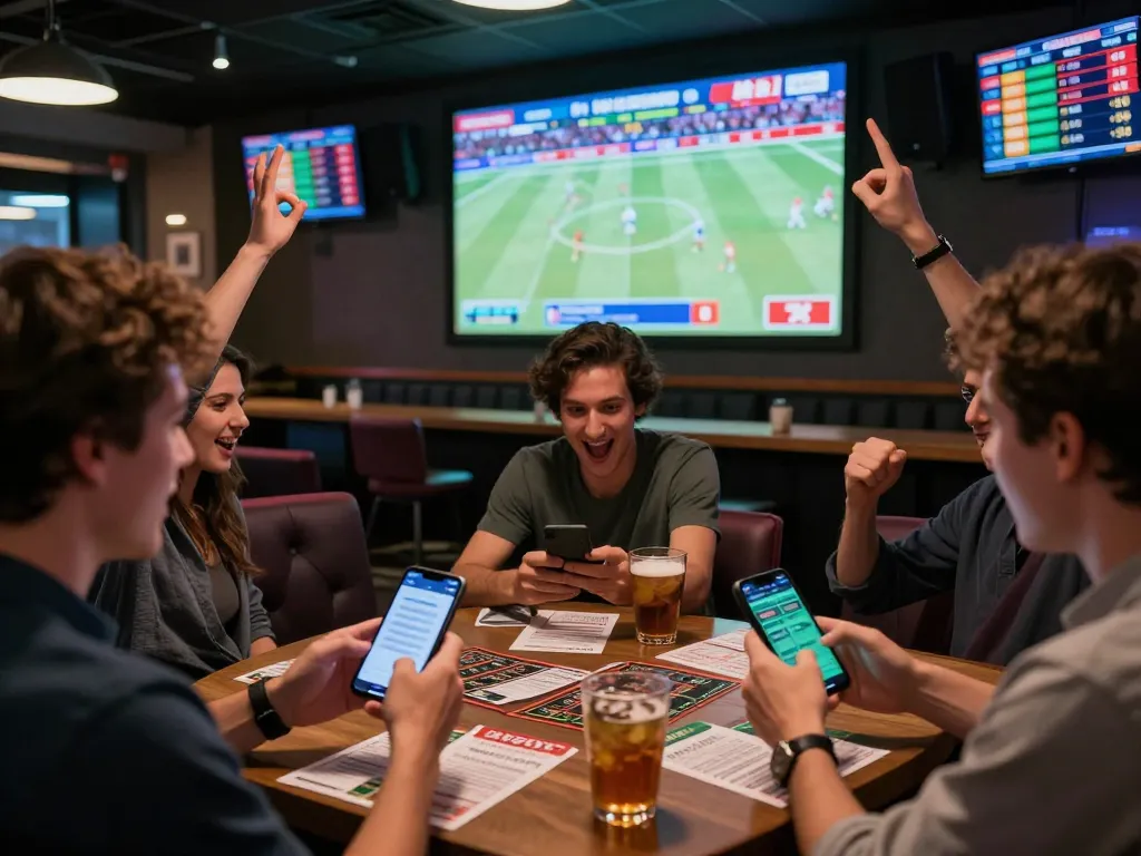 Excited bettors engaging in live sports betting using OKFUN on their smartphones in a lively sports bar atmosphere.