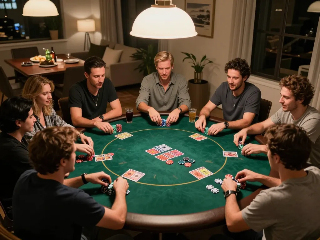 Players engaging in an exciting poker game at home, highlighting nk88 strategies and social interaction.