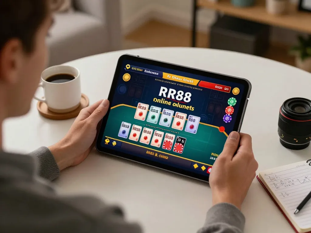 Engaging gameplay session on RR88 with player using tablet for online casino betting.