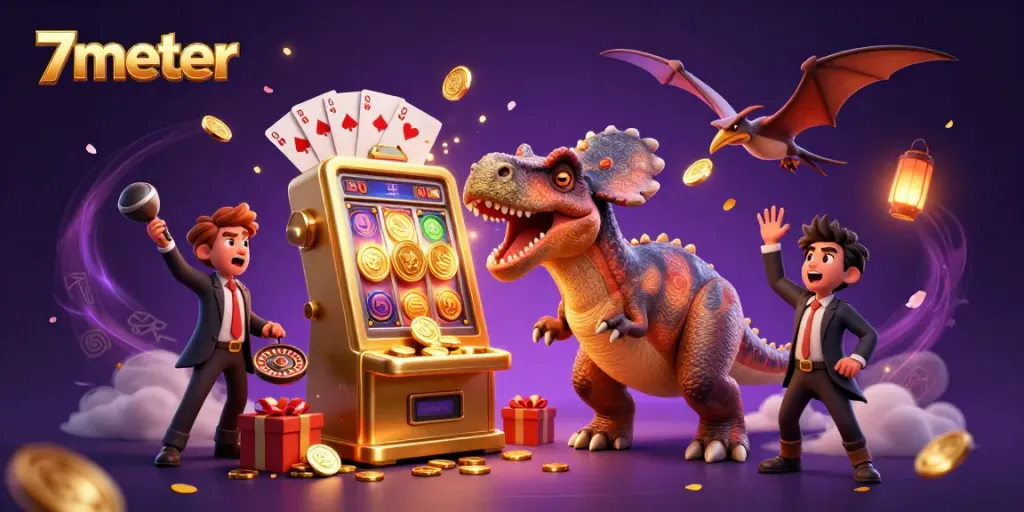 7meter showcases thrilling casino action with a cartoon pachycephalosaurus winning jackpots amidst flying coins.
