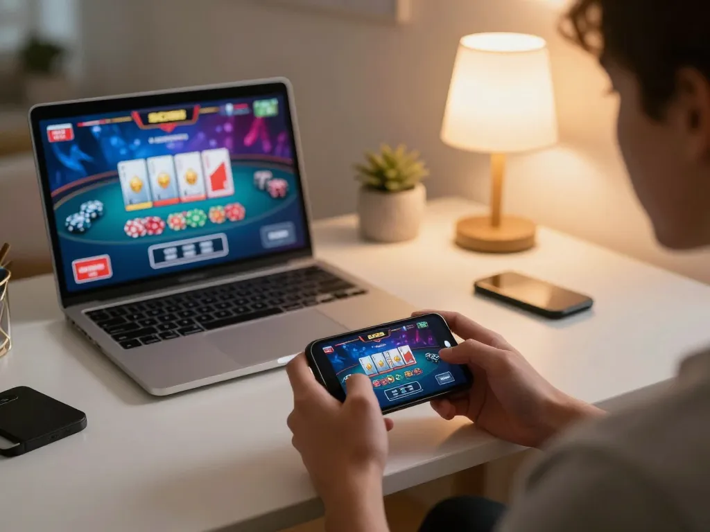 Player engaging with the SC88 app on their smartphone in a cozy home setup, reflecting strategic online gaming.
