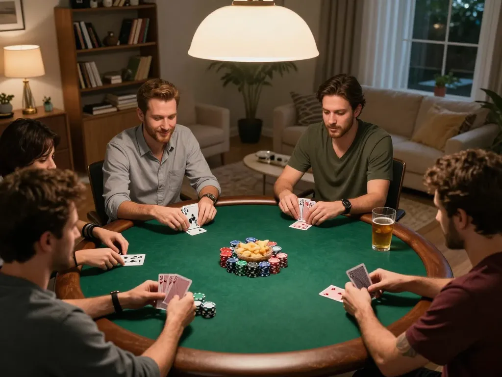 Players engage in a friendly poker game during a cozy night, showcasing bem88 gaming strategy and social interaction.