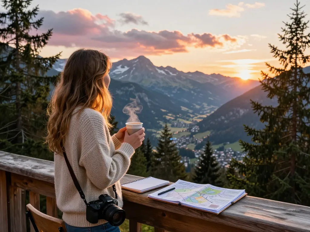 Explore the stunning views at https://www.hotel-restaurant-megeve.com/fr/ with a travel blogger enjoying the alpine sunset.
