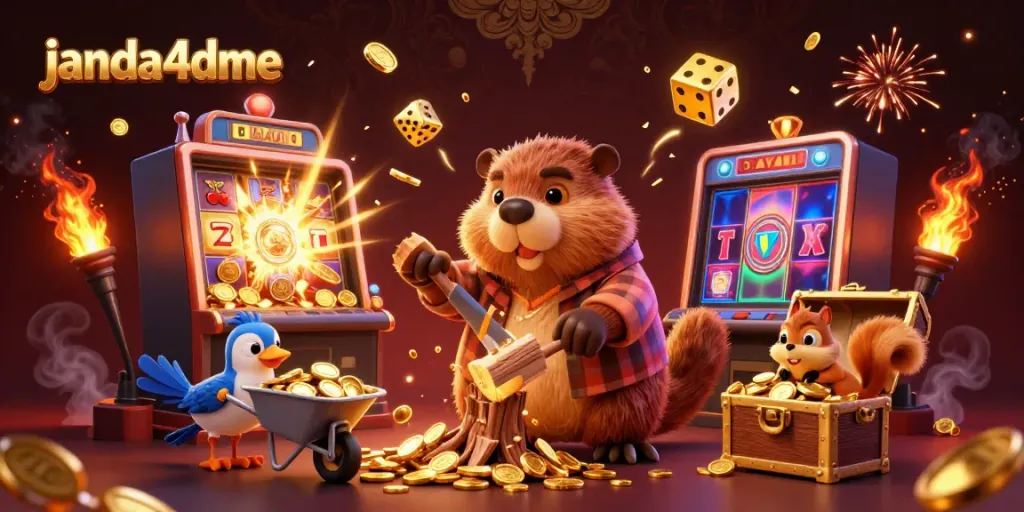 JANDA4D menyajikan ilustrasi 3D kartun yang dinamis dengan karakter berang-berang memotong pohon emas untuk permainan slot.