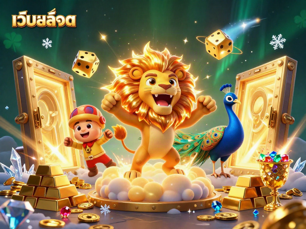 Experience เว็บสล็อต magic with a roaring lion, golden dice, and dazzling treasure!