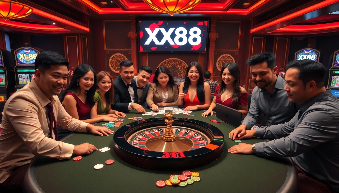 Players experience the excitement of winning at XX88 casino tables with poker chips and cards.