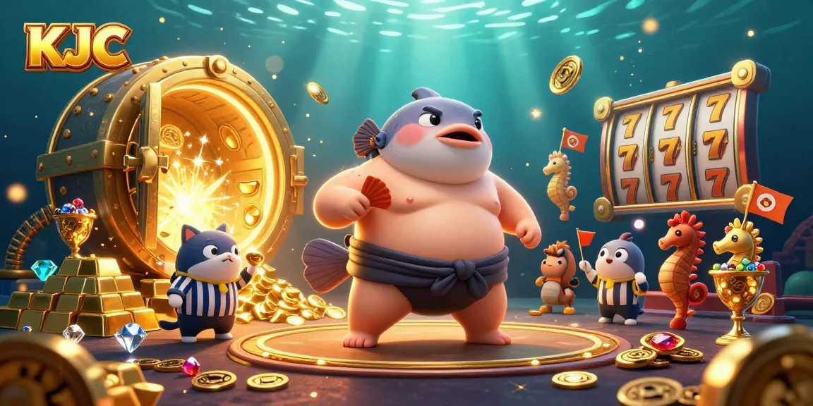 KJC immerses players in slots excitement with a lively underwater scene featuring vibrant characters and gold treasures.
